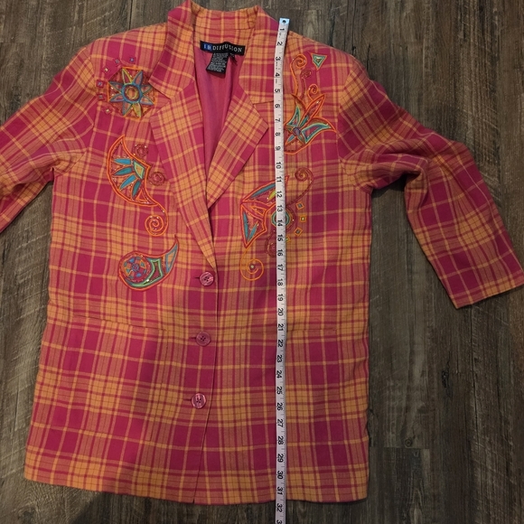 I.B. Diffusion Embroidered Plaid Blazer Jacket Size 10 Pink Orange Vintage 90s - Picture 11 of 14